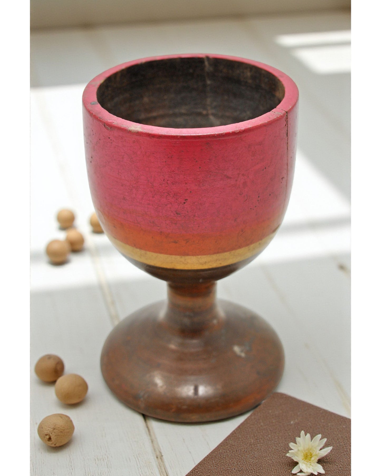 Vintage Wooden Small Cup Glass Original Old Hand Carved Lacquer Painted