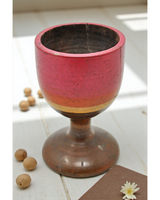 Vintage Wooden Small Cup Glass Original Old Hand Carved Lacquer Painted