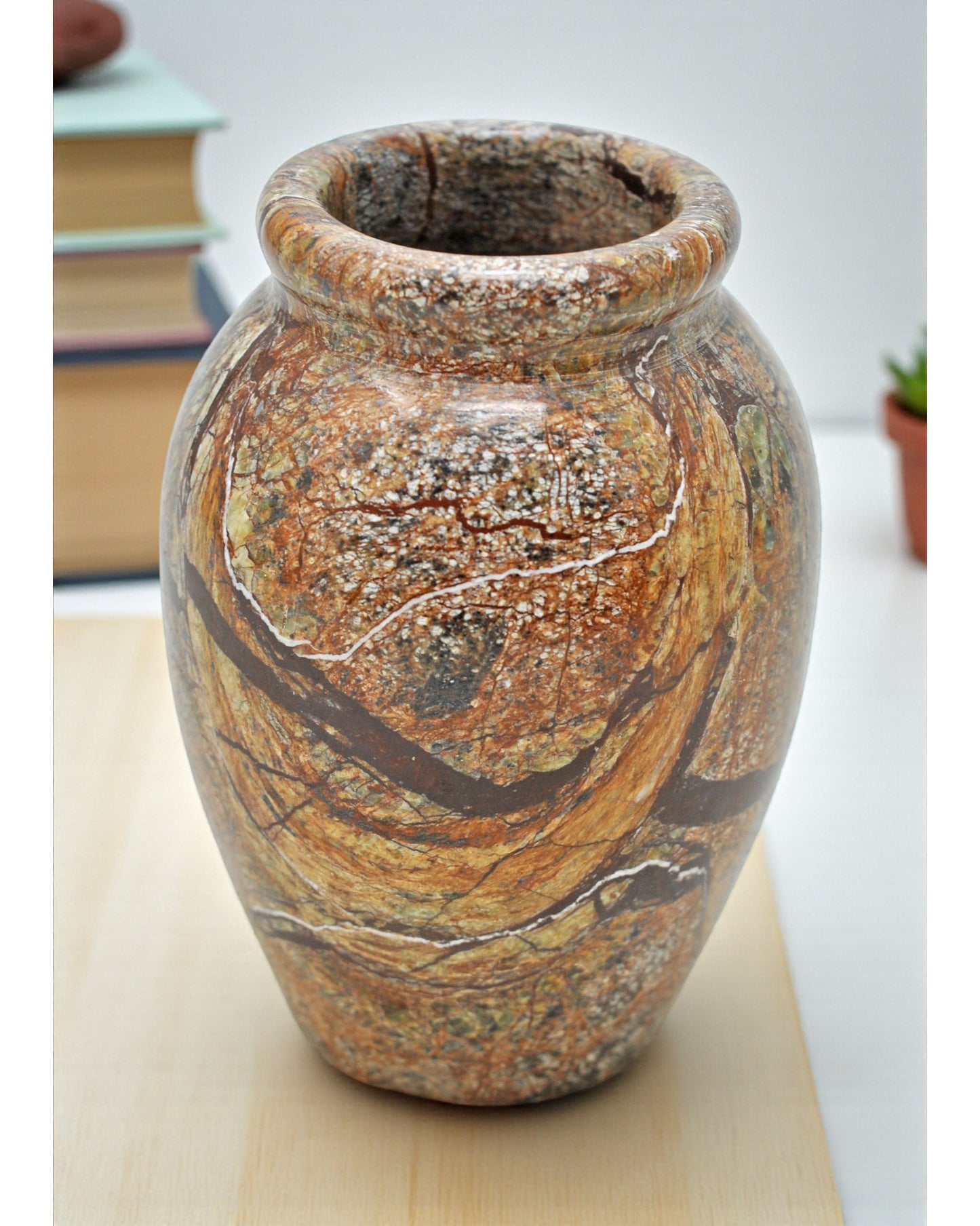 Vintage Stone Round Vase Pot Original Old Hand Carved