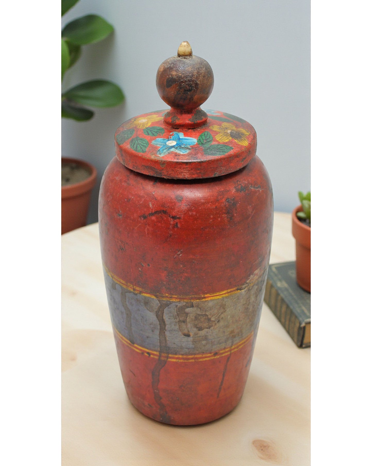 Vintage Wooden Kum Kum Powder Tika Box Original Old Lacquer Painted