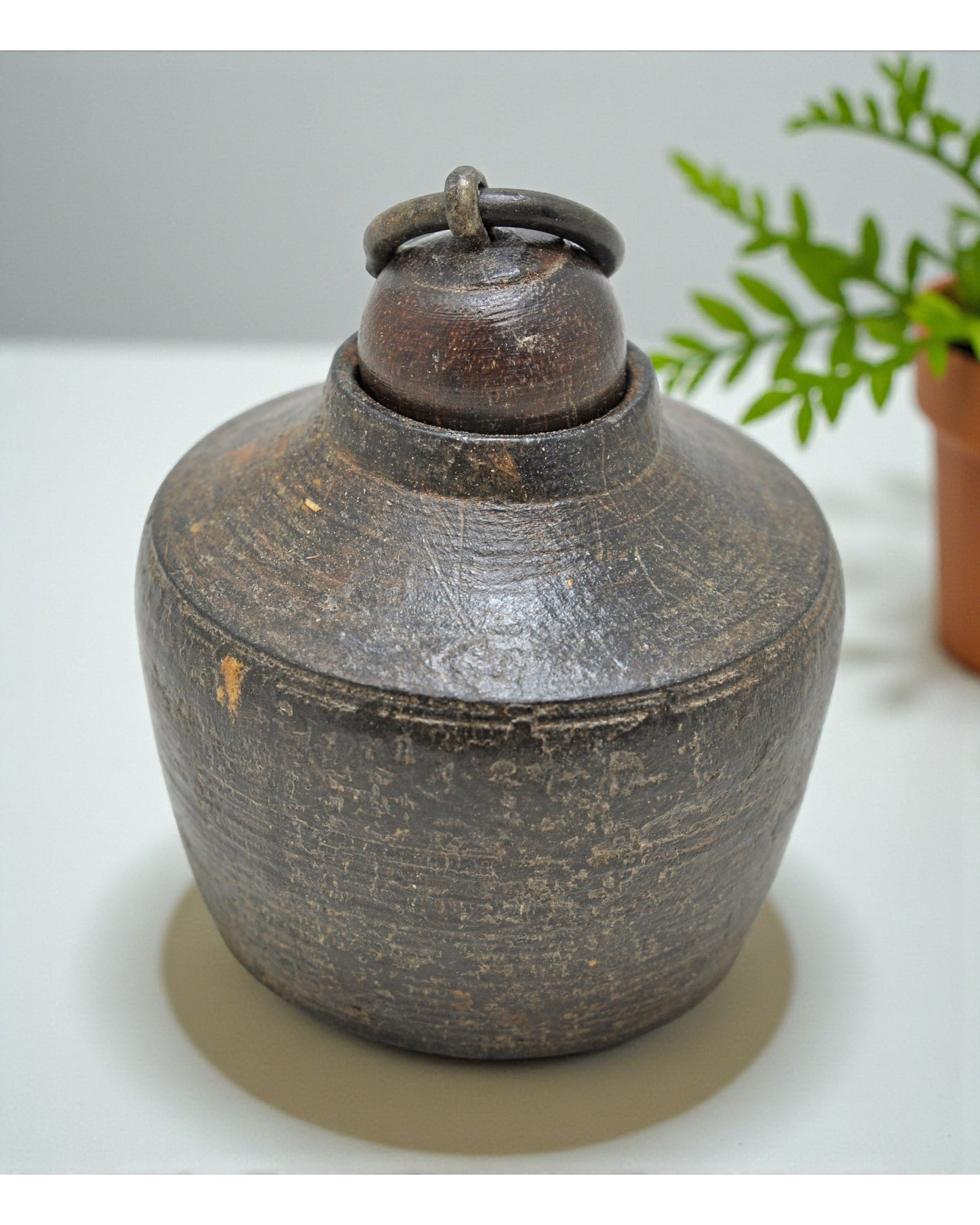 Antique Wooden Round Ink Pot Original Old Hand Carved