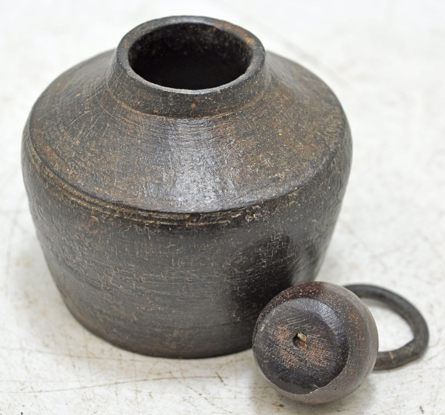 Antique Wooden Round Ink Pot Original Old Hand Carved