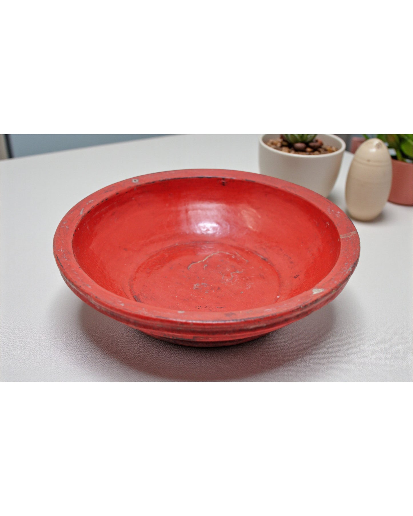 Antique Wooden Round Kitchenware Plate Original Old Hand Carved Lacquer Painted