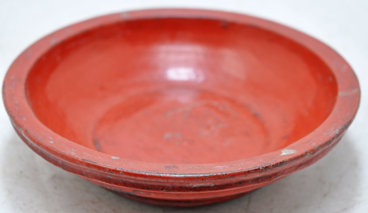 Antique Wooden Round Kitchenware Plate Original Old Hand Carved Lacquer Painted