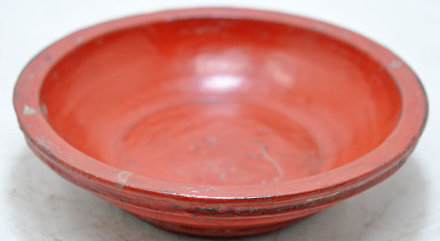 Antique Wooden Round Kitchenware Plate Original Old Hand Carved Lacquer Painted