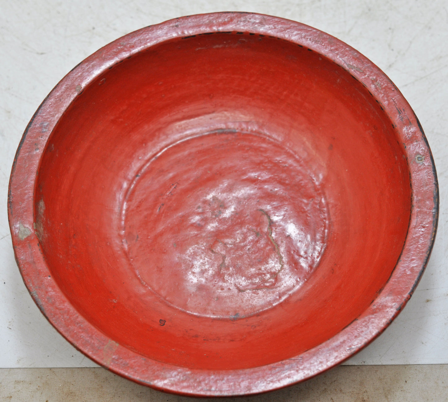 Antique Wooden Round Kitchenware Plate Original Old Hand Carved Lacquer Painted