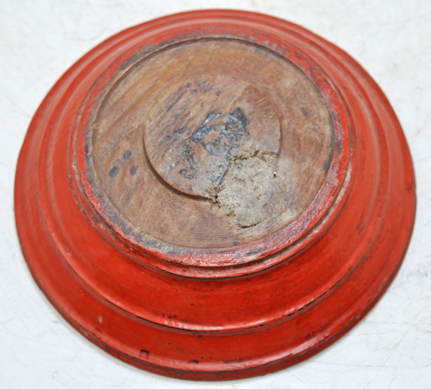 Antique Wooden Round Kitchenware Plate Original Old Hand Carved Lacquer Painted