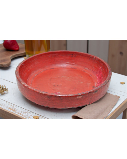 Antique Wooden Round Kitchenware Plate Original Old Hand Carved Lacquer Painted
