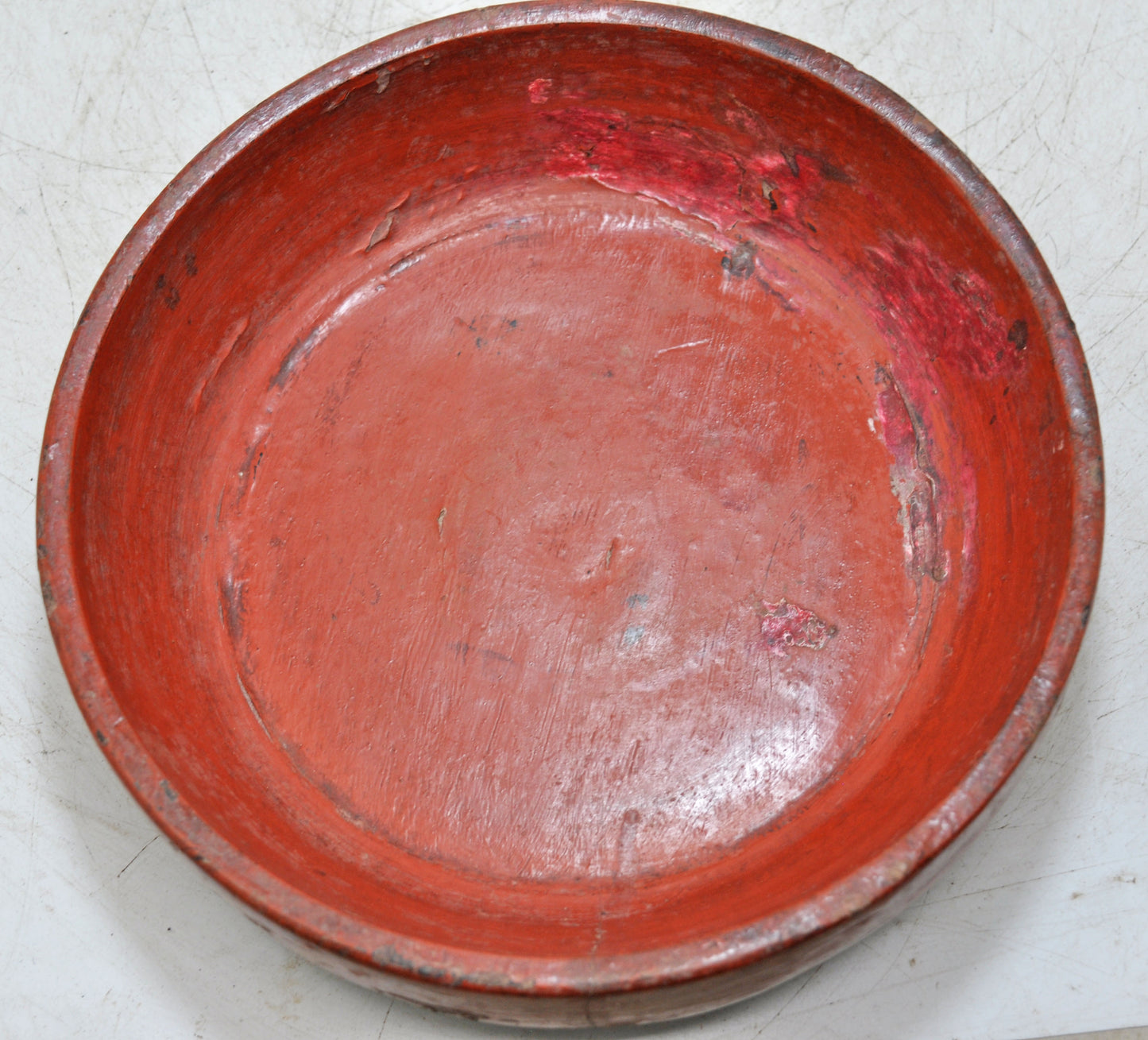 Antique Wooden Round Kitchenware Plate Original Old Hand Carved Lacquer Painted