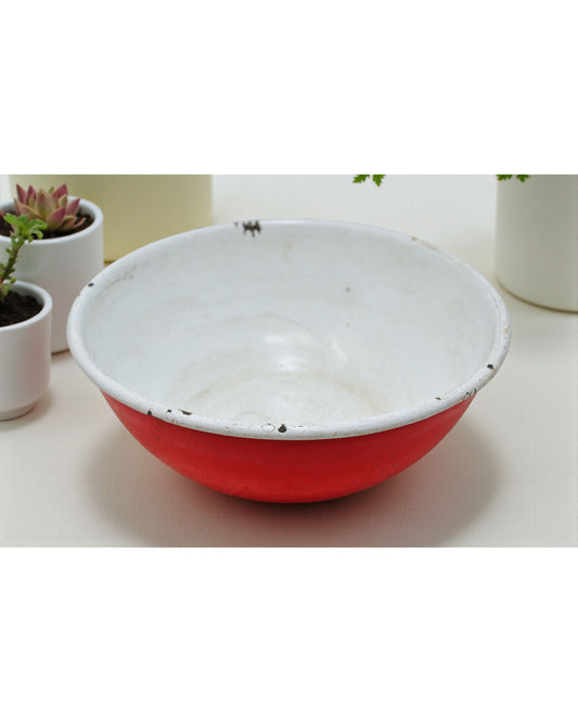 Vintage Iron Enamelware Round Bowl Original Old Hand Crafted Enamel Painted