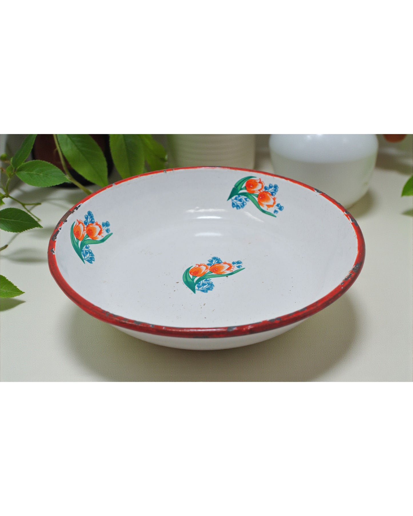 Vintage Iron Enamelware Round Plate Original Old Hand Crafted Enamel Painted