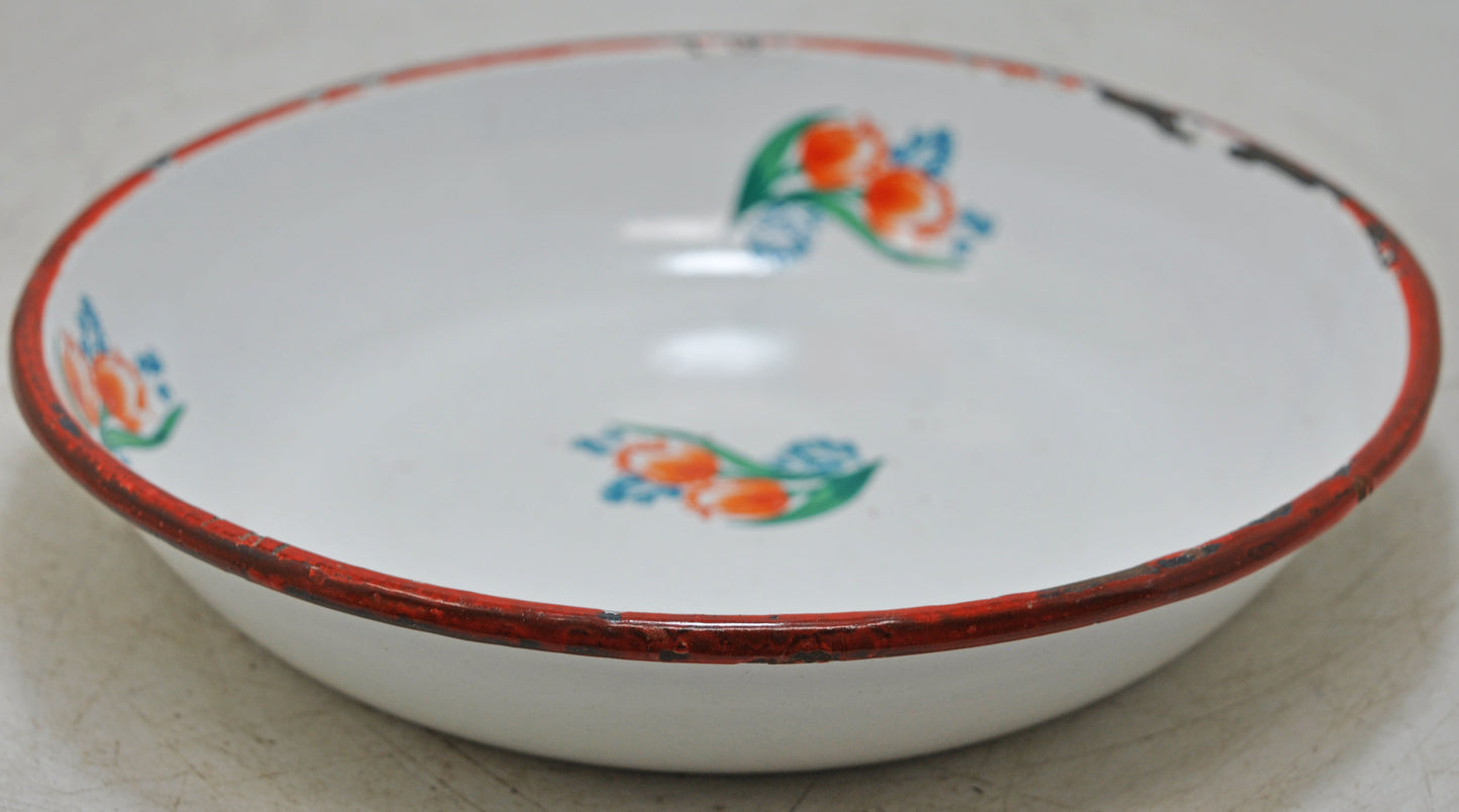 Vintage Iron Enamelware Round Plate Original Old Hand Crafted Enamel Painted