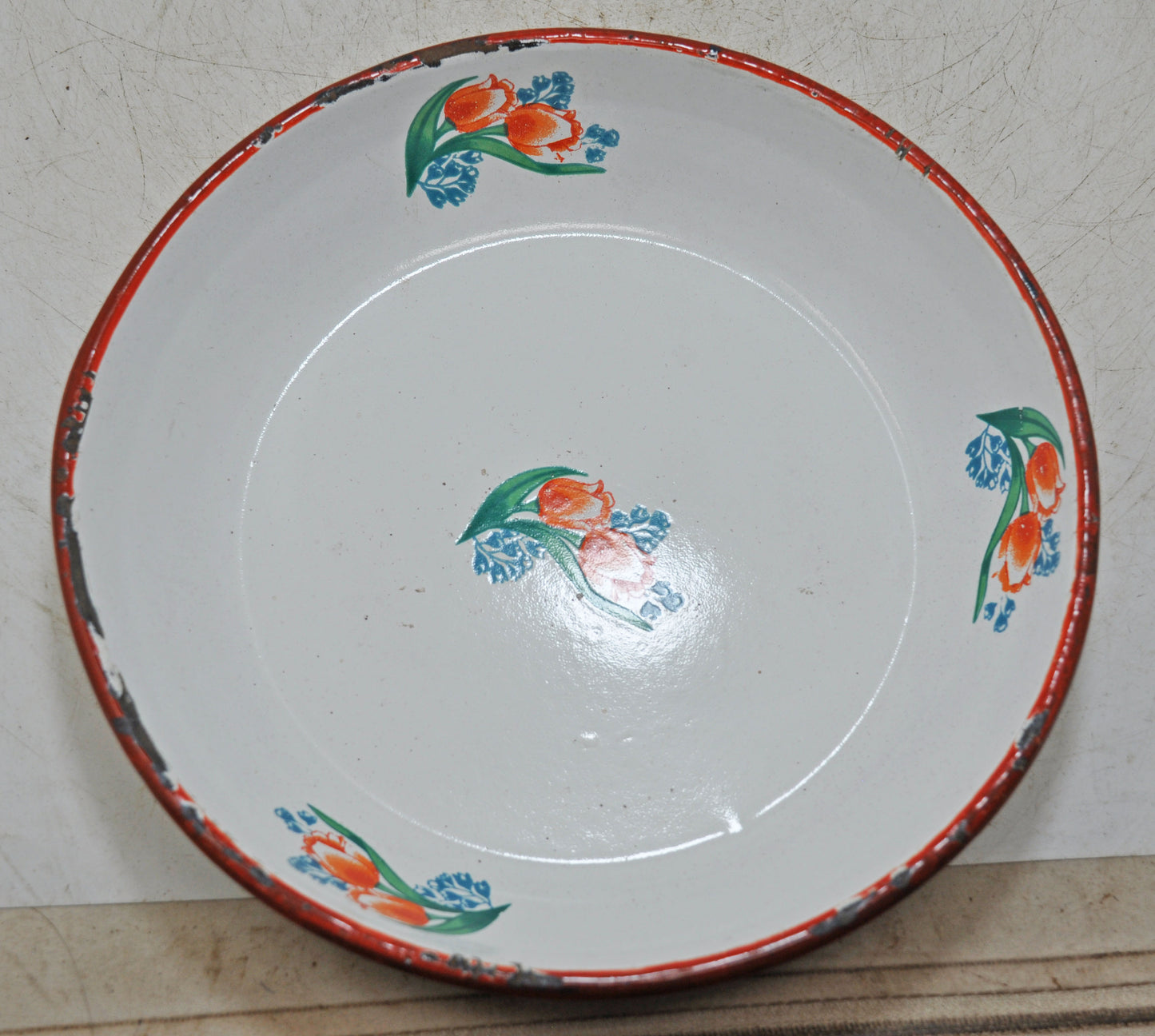 Vintage Iron Enamelware Round Plate Original Old Hand Crafted Enamel Painted