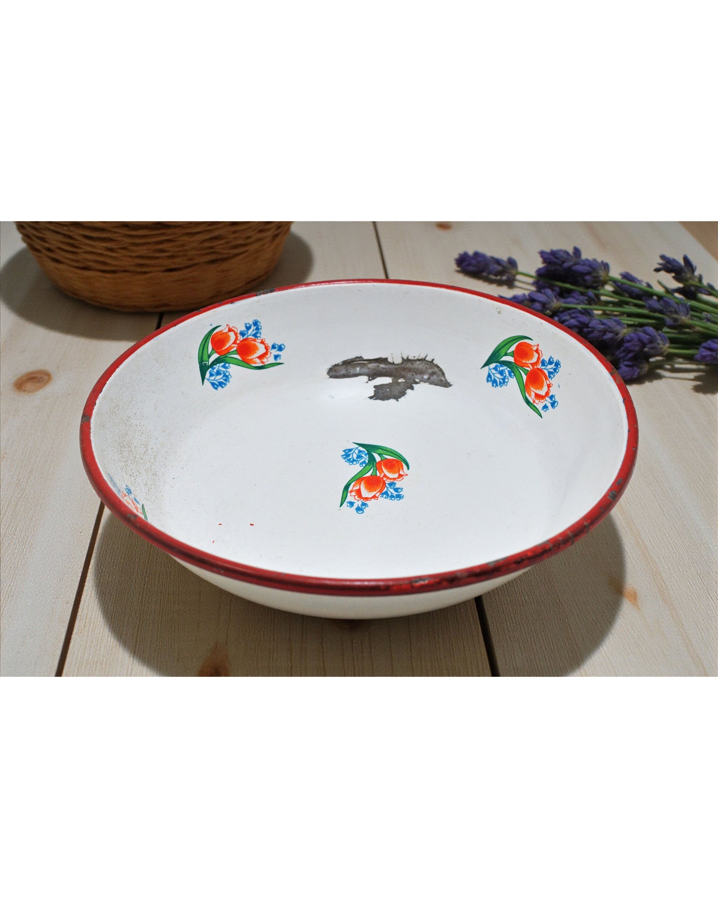 Vintage Iron Enamelware Round Plate Original Old Hand Crafted Enamel Painted