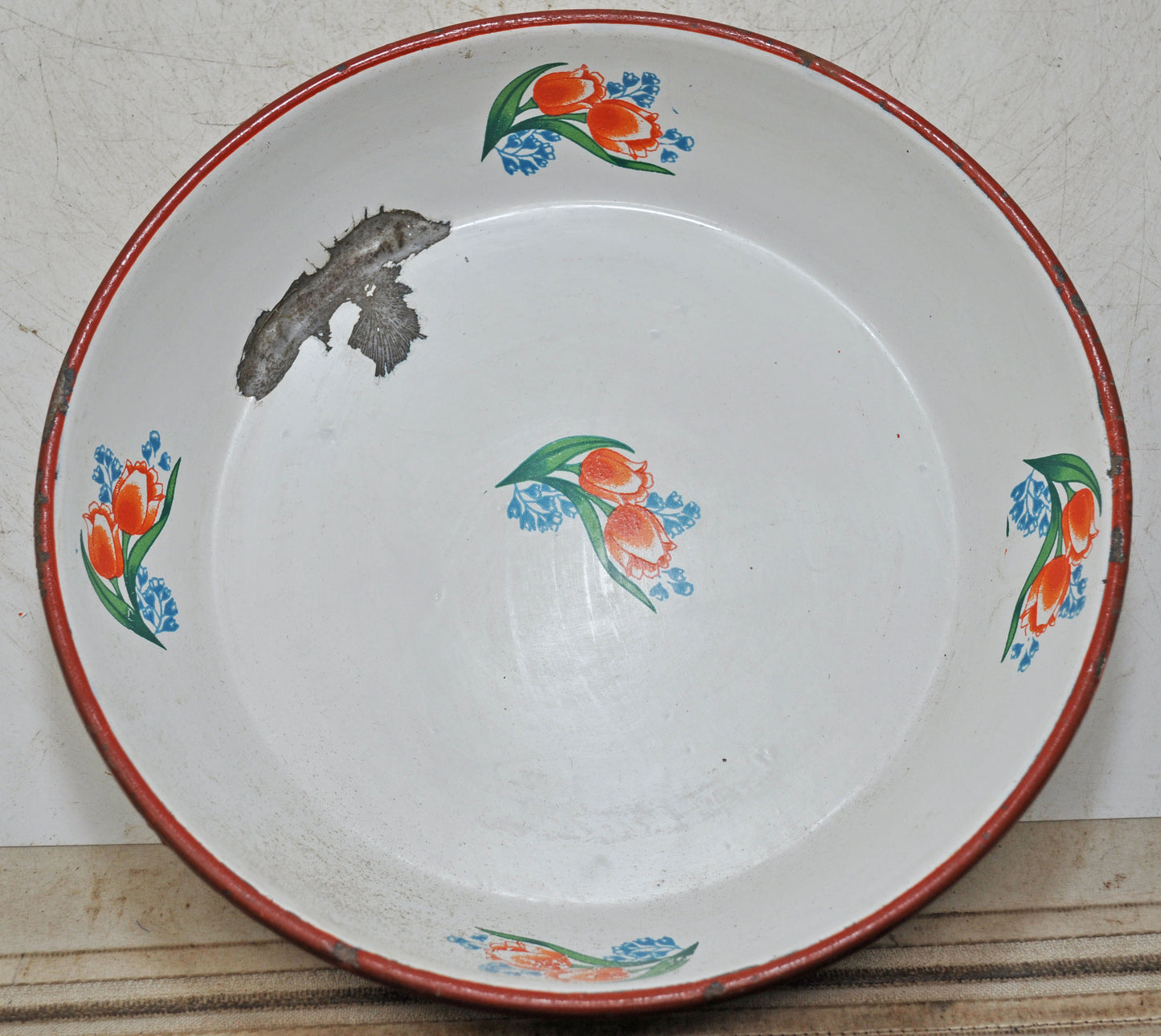 Vintage Iron Enamelware Round Plate Original Old Hand Crafted Enamel Painted