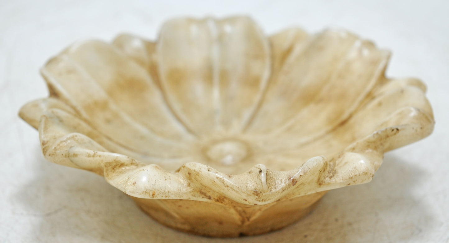 Vintage White Marble Lotus Shaped Bowl Original Old Fine Hand Carved