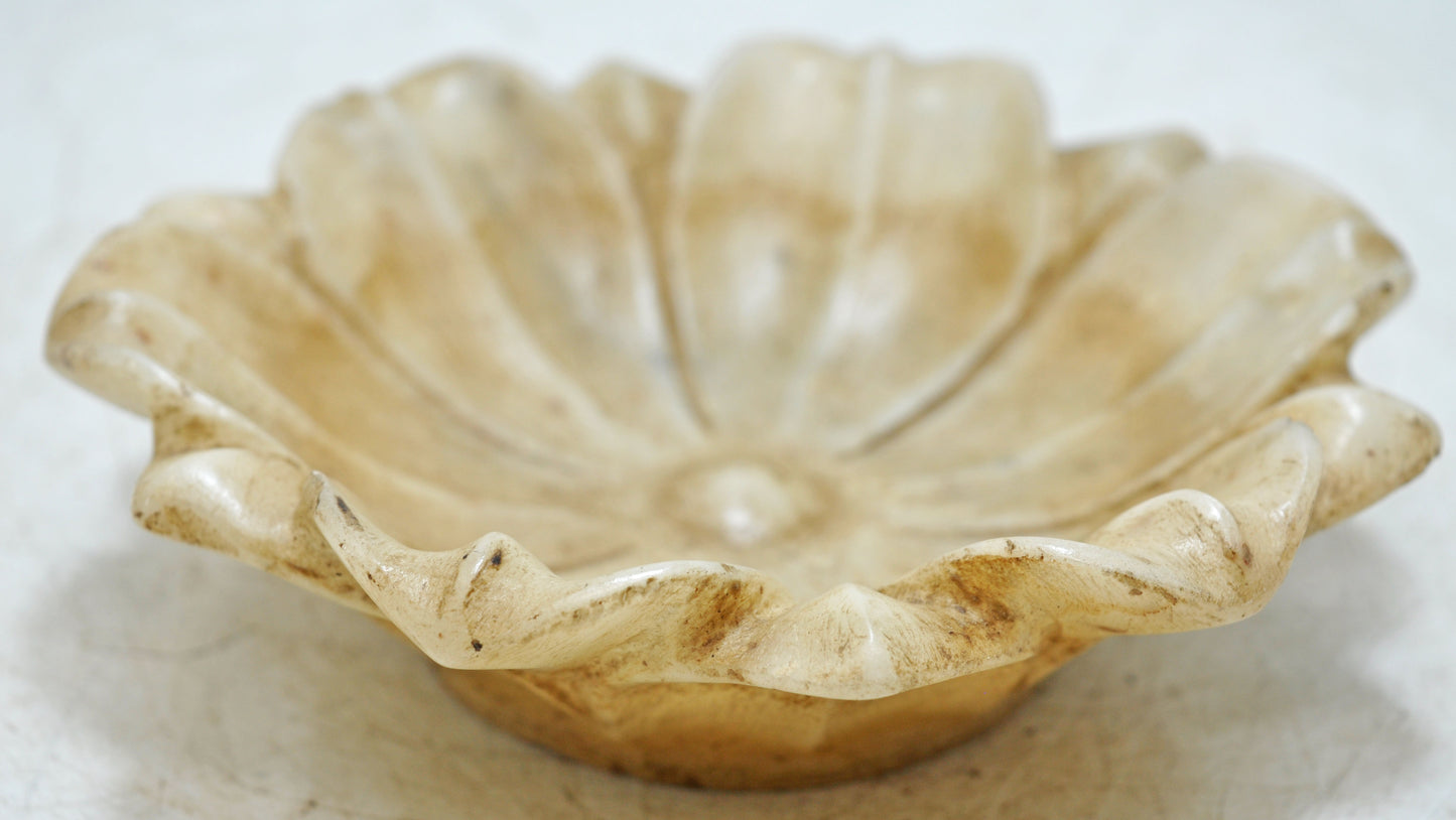 Vintage White Marble Lotus Shaped Bowl Original Old Fine Hand Carved