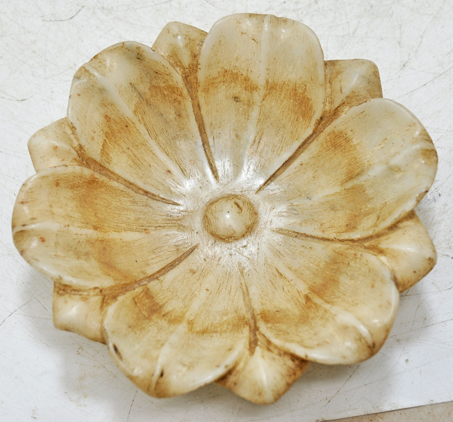 Vintage White Marble Lotus Shaped Bowl Original Old Fine Hand Carved