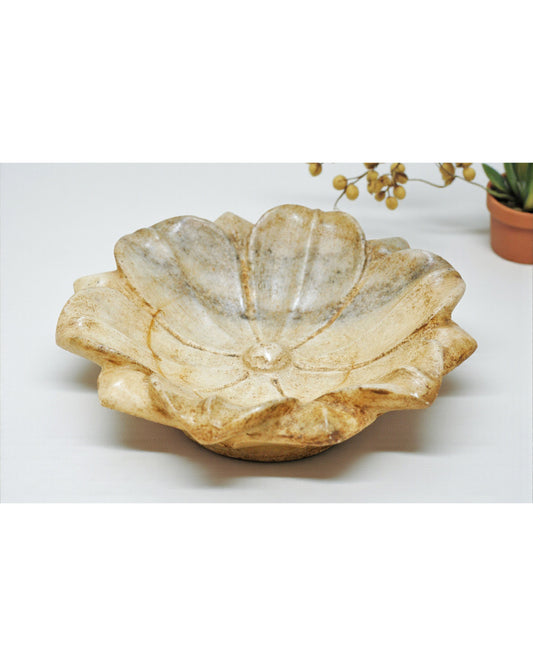 Vintage White Marble Lotus Shaped Bowl Original Old Fine Hand Carved