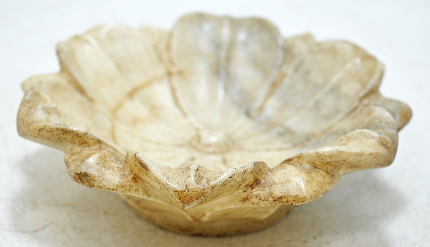 Vintage White Marble Lotus Shaped Bowl Original Old Fine Hand Carved