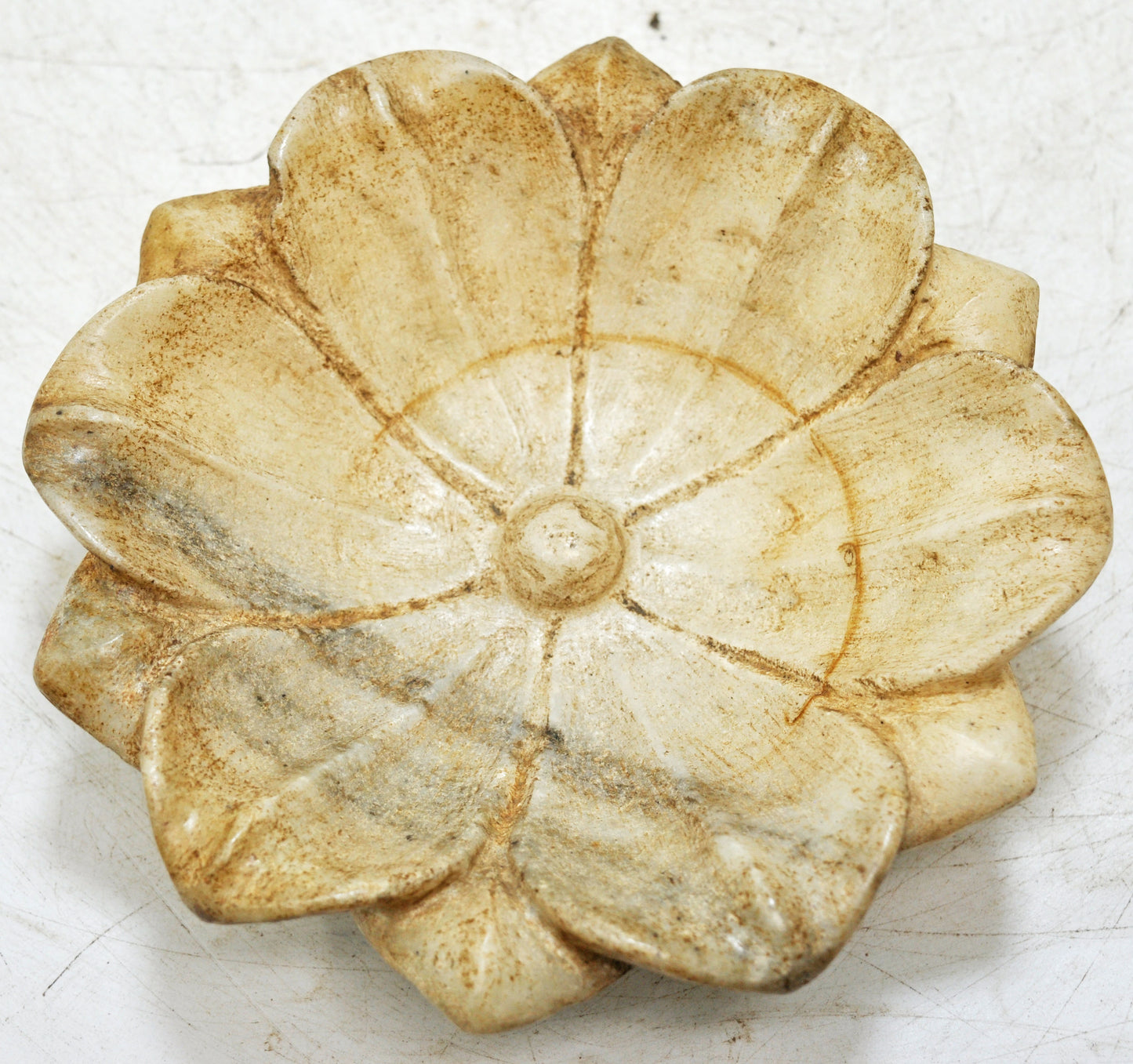 Vintage White Marble Lotus Shaped Bowl Original Old Fine Hand Carved