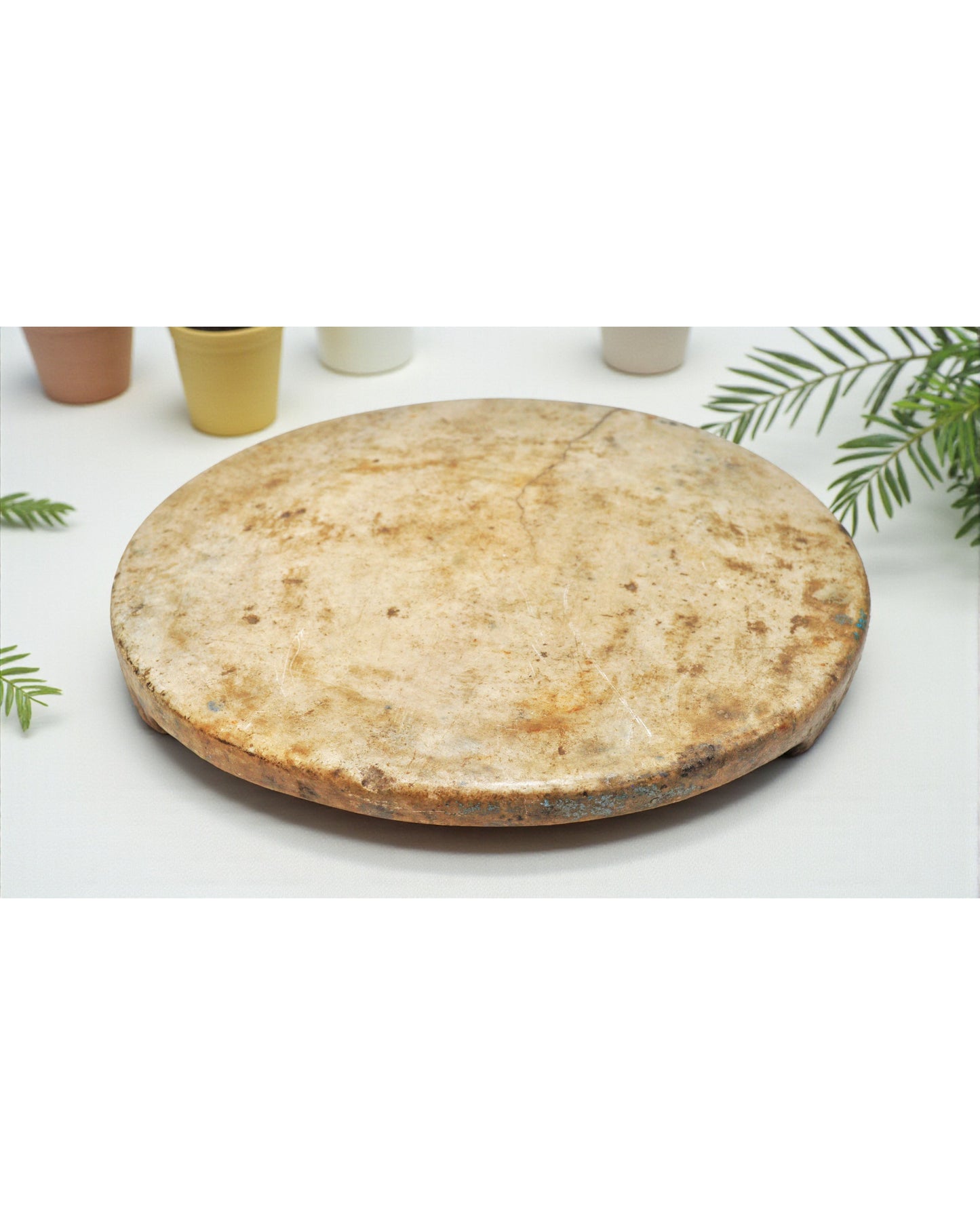 Antique White Marble Round Chapati Bread Rolling Plate Original Old Hand Carved