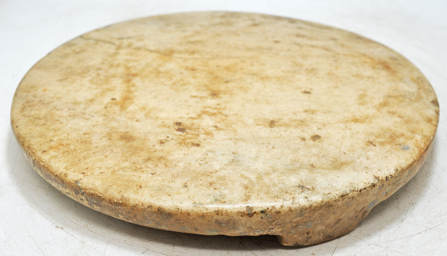 Antique White Marble Round Chapati Bread Rolling Plate Original Old Hand Carved