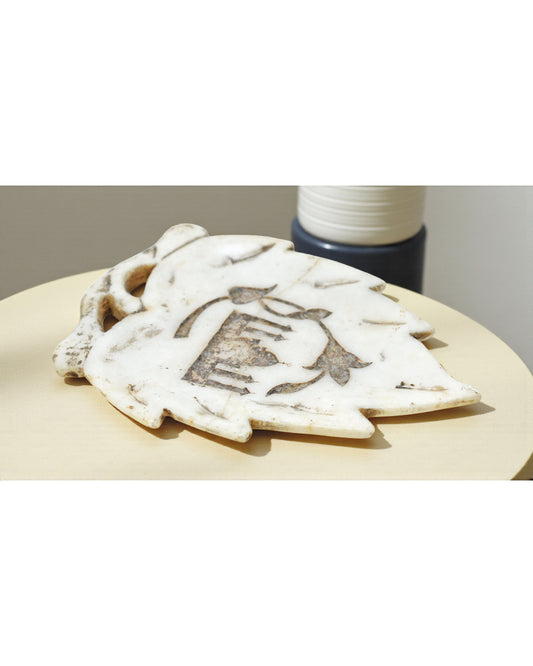Vintage White Marble Decorative Leaf Plate Original Old Hand Carved