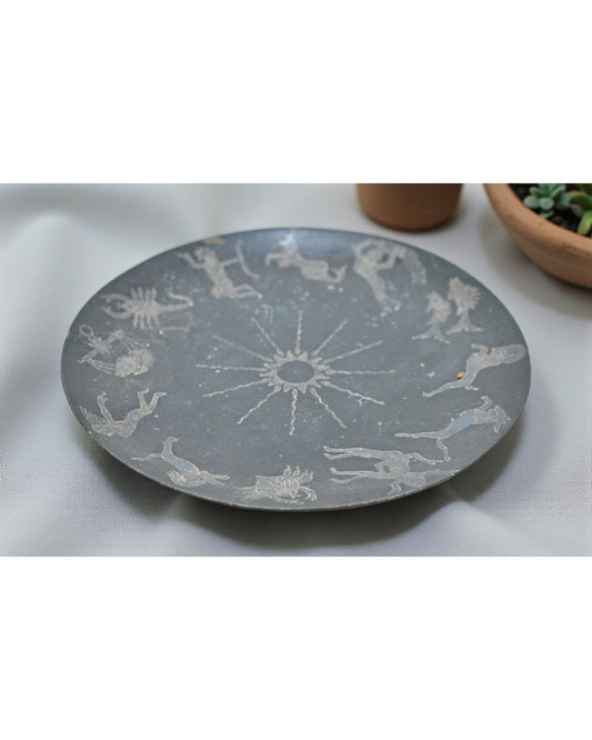 Vintage Iron Zodiac Signs Decorative Round Plate Original Old Silver Leaf Painted