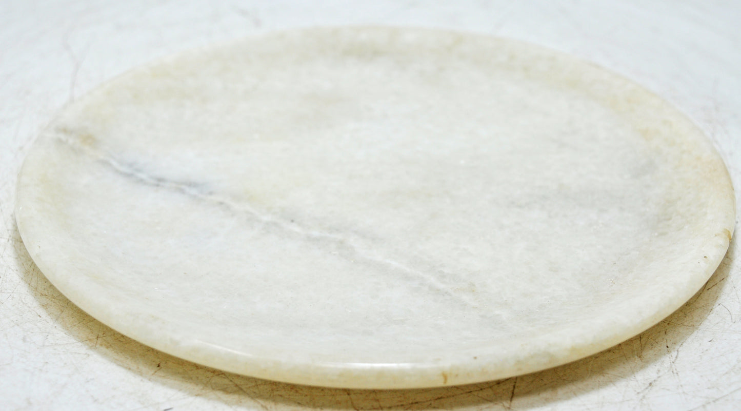 Vintage White Marble Round Kitchenware Plate Original Old Hand Carved