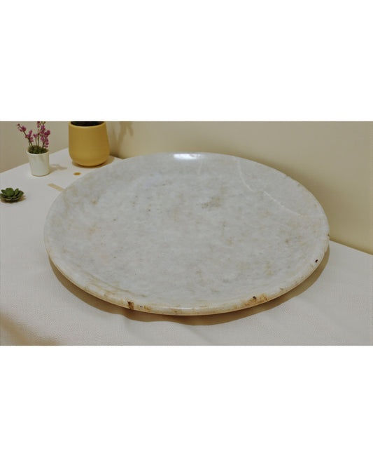 Vintage White Marble Round Kitchenware Plate Original Old Hand Carved