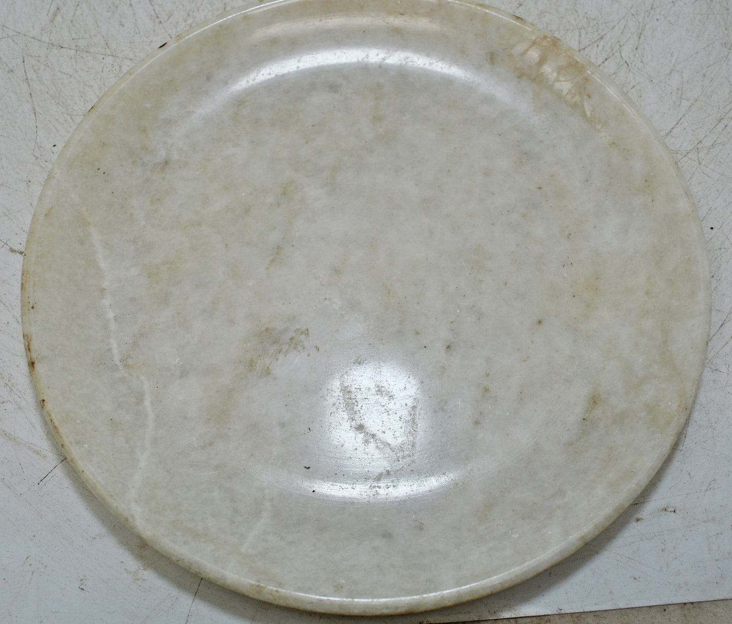 Vintage White Marble Round Kitchenware Plate Original Old Hand Carved