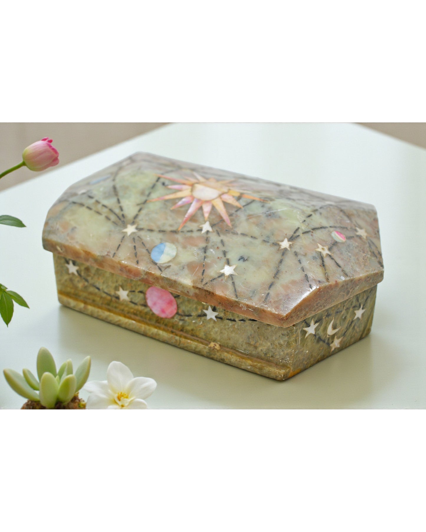 Antique Green Marble Jewelery Storage Box Original Old Very Fine Inlay Work