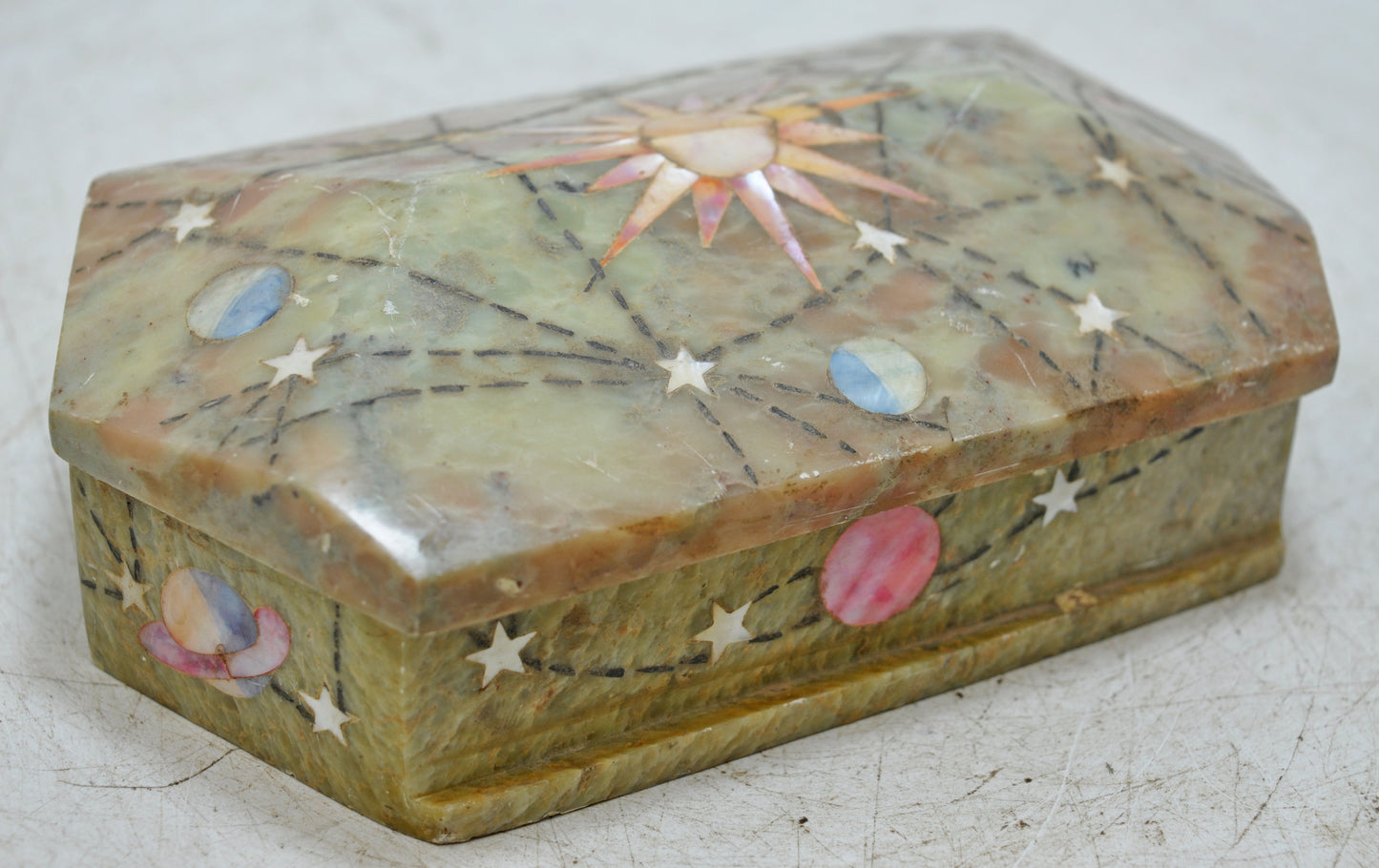 Antique Green Marble Jewelery Storage Box Original Old Very Fine Inlay Work