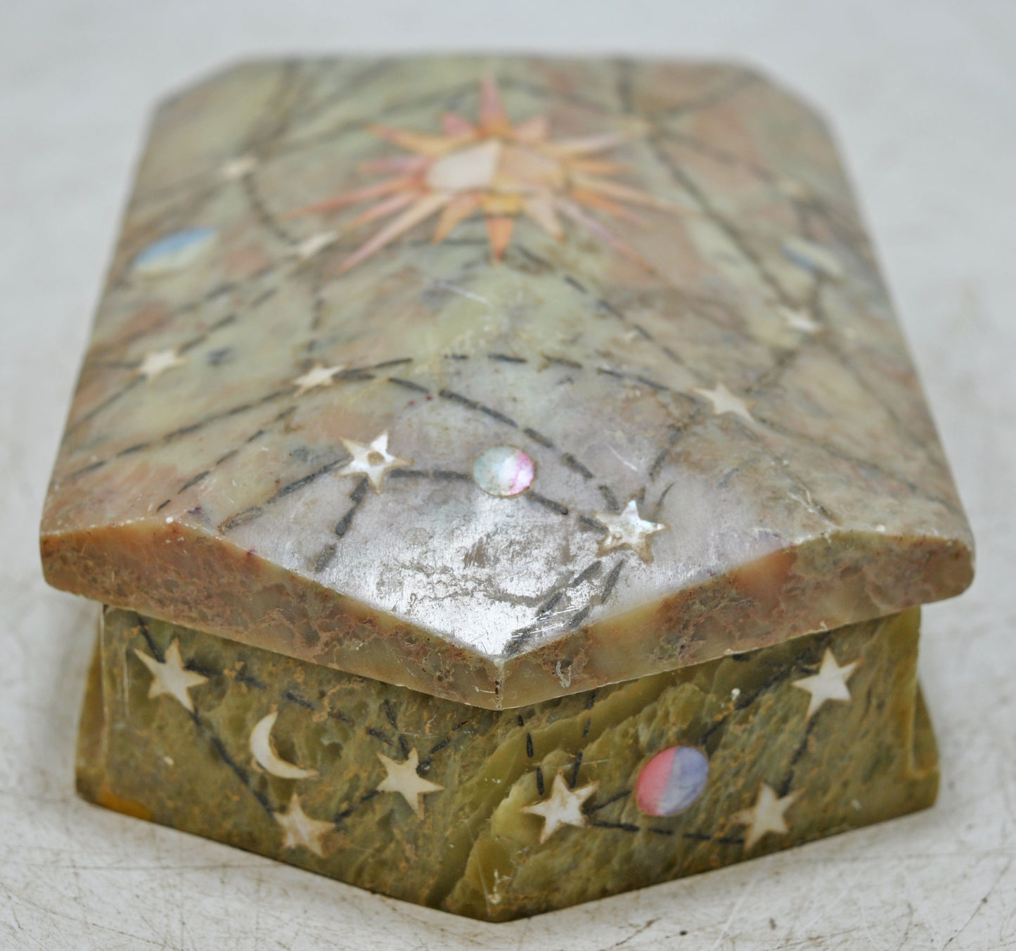 Antique Green Marble Jewelery Storage Box Original Old Very Fine Inlay Work