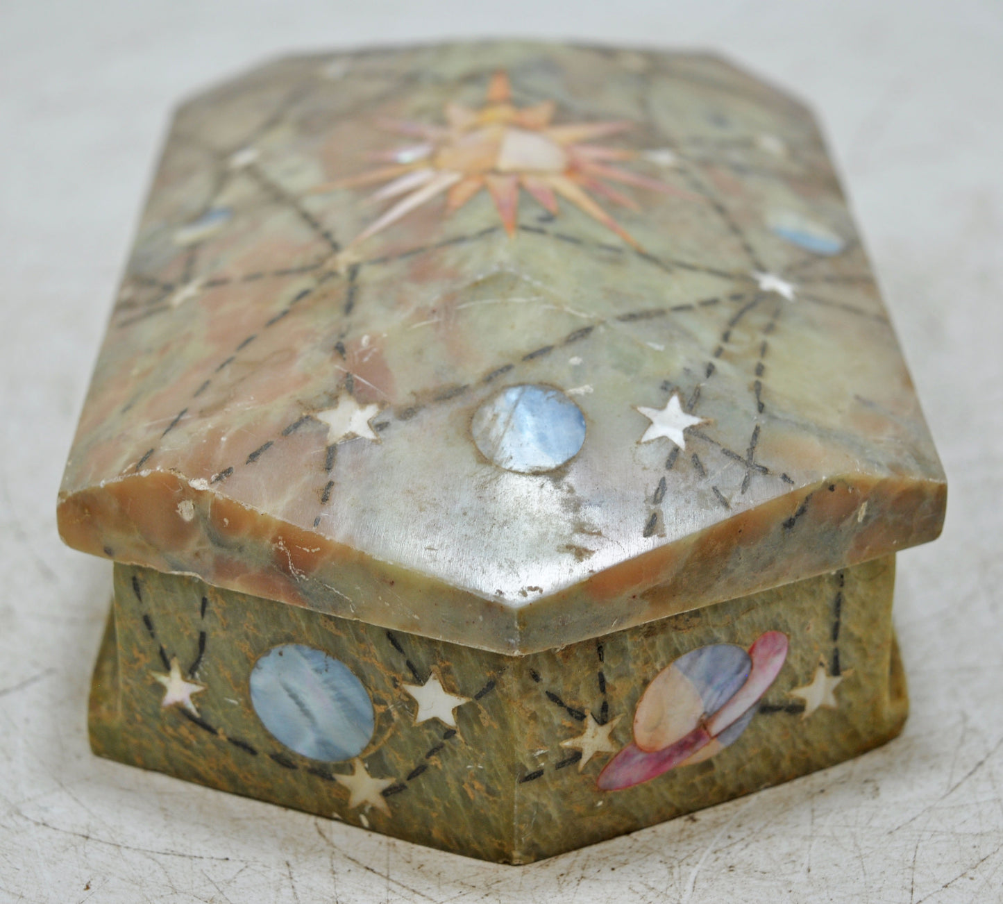Antique Green Marble Jewelery Storage Box Original Old Very Fine Inlay Work