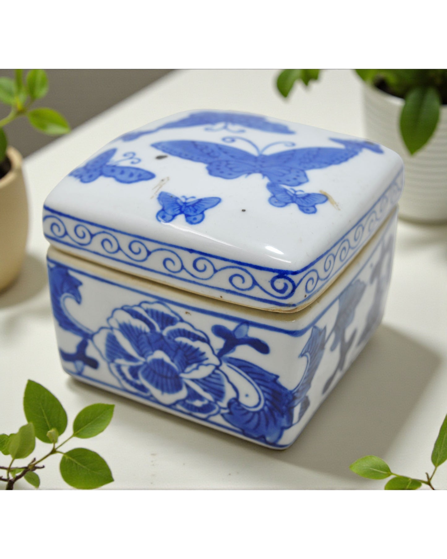 Vintage Blue Pottery Small Box Original Old Hand Crafted