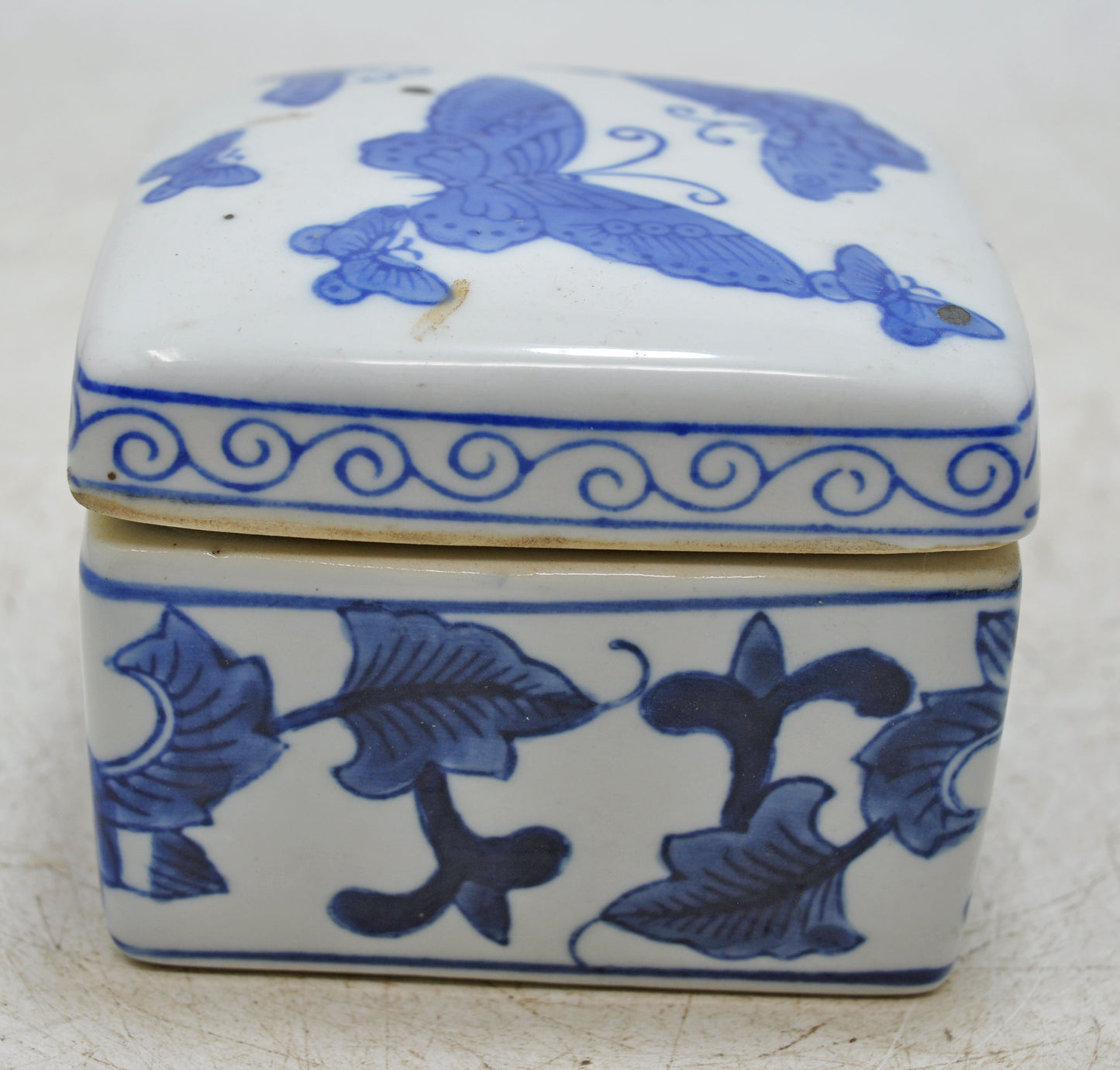 Vintage Blue Pottery Small Box Original Old Hand Crafted