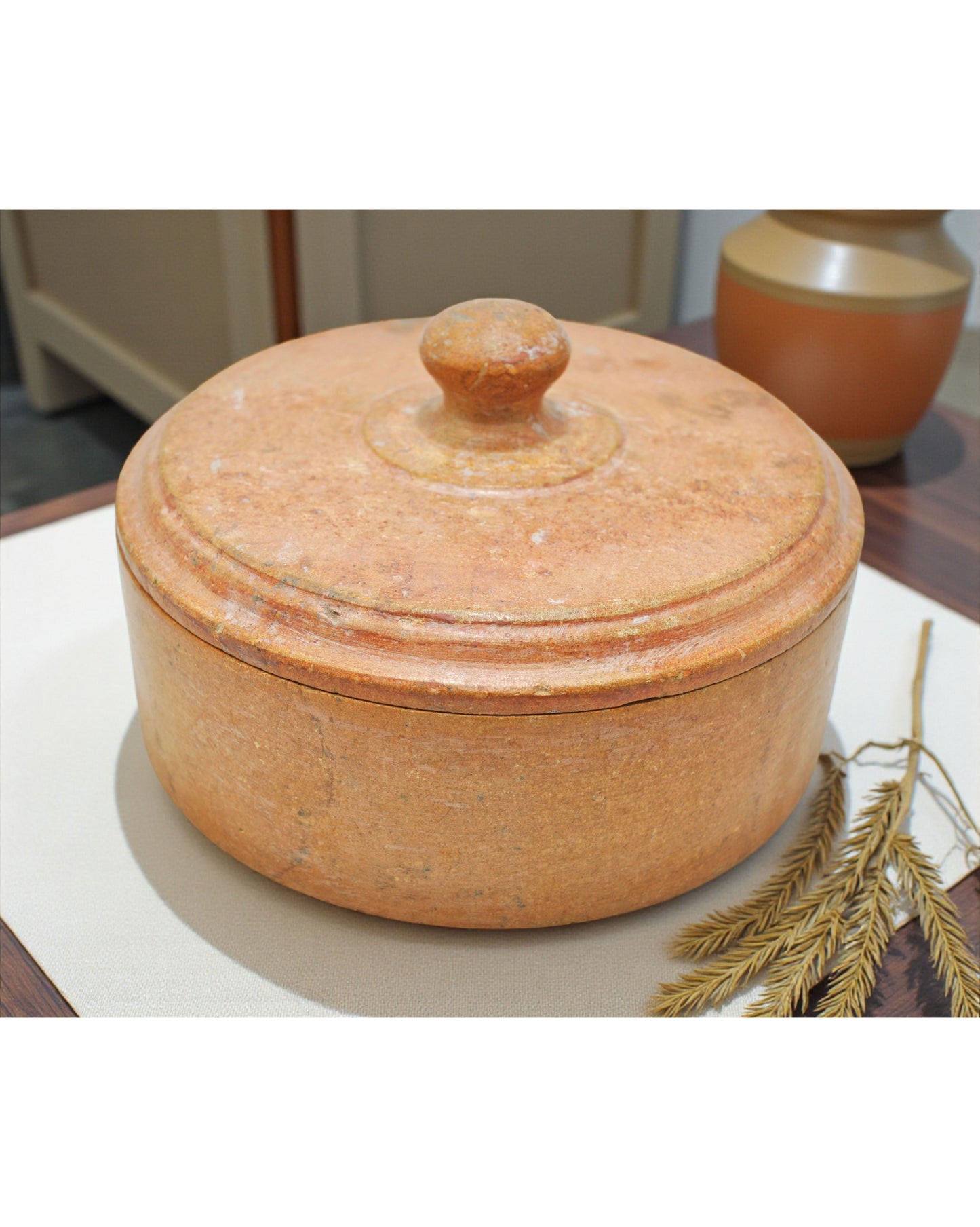 Vintage Sand Stone Round Kitchenware Box Original Old Hand Crafted