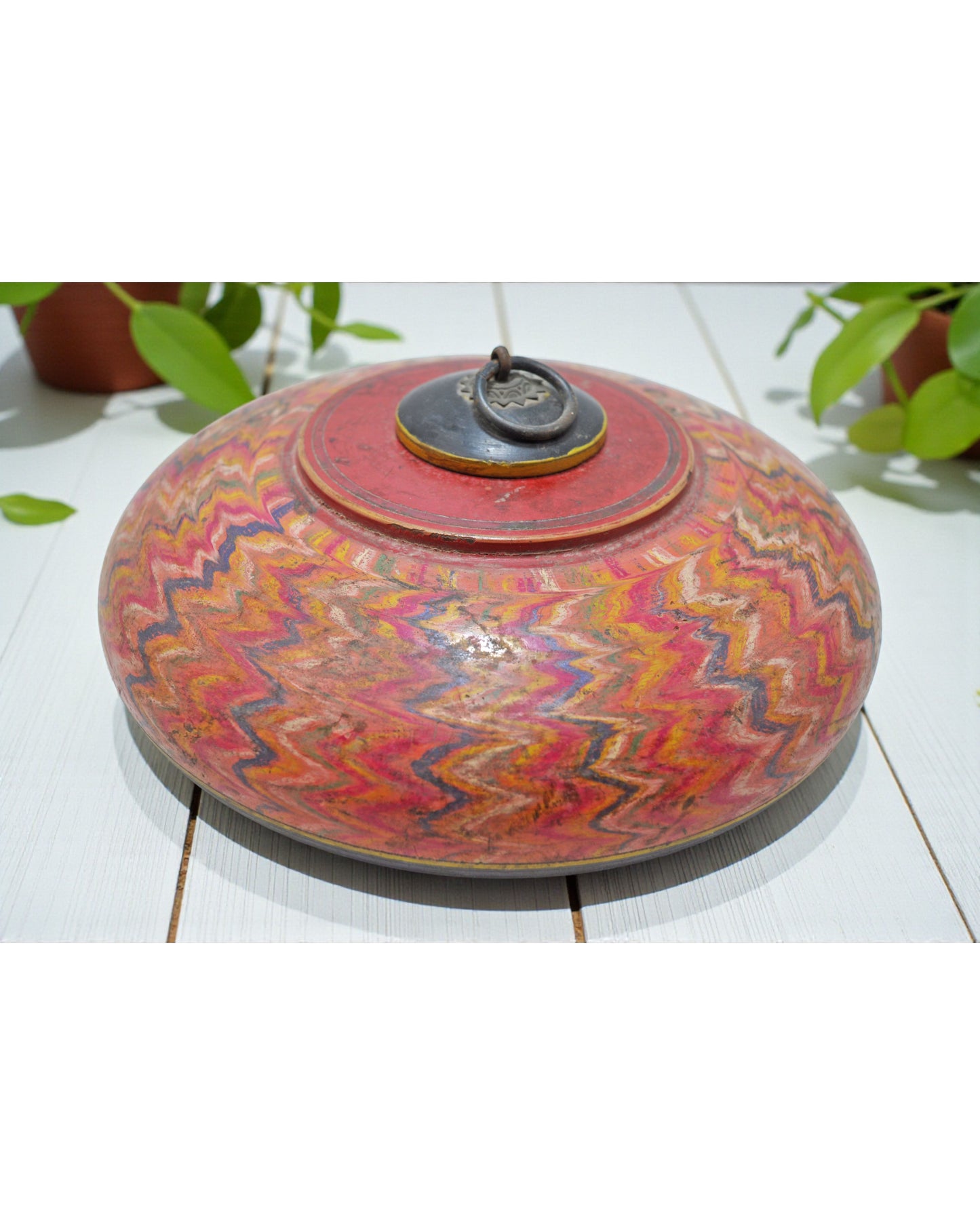 Antique Wooden Round Opium Tobacco Box Original Old Hand Crafted Painted