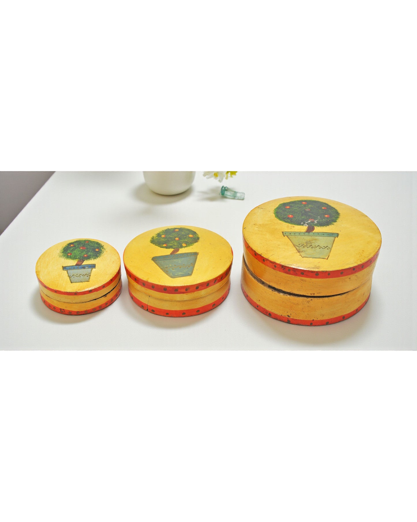 Vintage Wooden Set of 3 Round Boxes Original Old Hand Crafted Painted