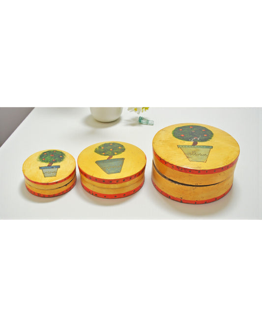 Vintage Wooden Set of 3 Round Boxes Original Old Hand Crafted Painted