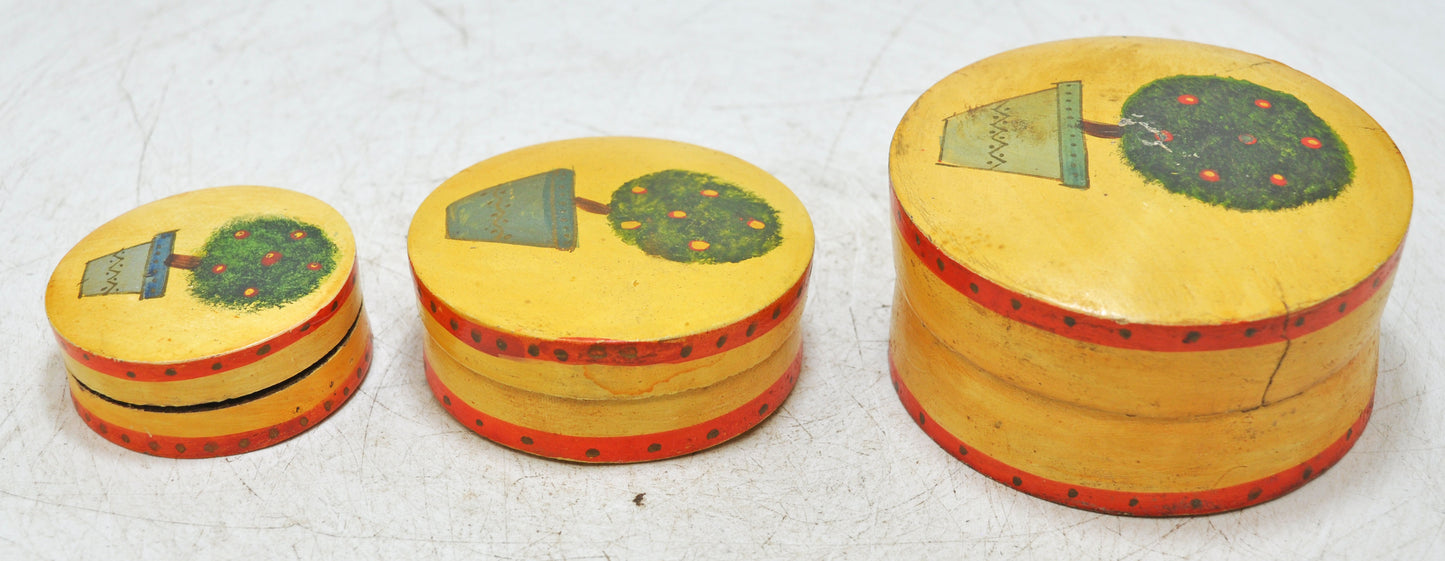 Vintage Wooden Set of 3 Round Boxes Original Old Hand Crafted Painted