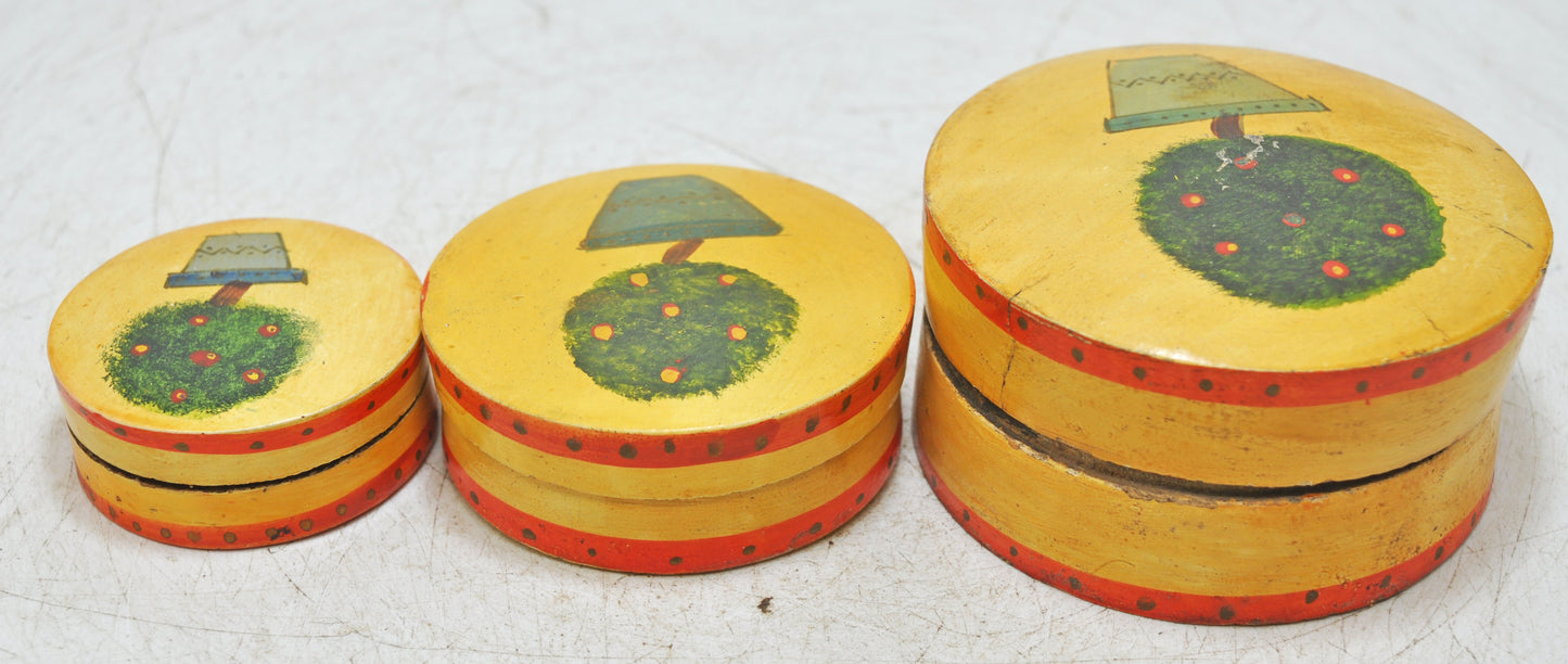 Vintage Wooden Set of 3 Round Boxes Original Old Hand Crafted Painted