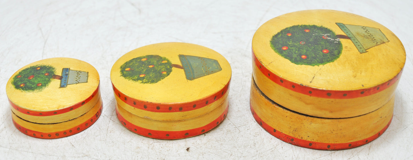 Vintage Wooden Set of 3 Round Boxes Original Old Hand Crafted Painted