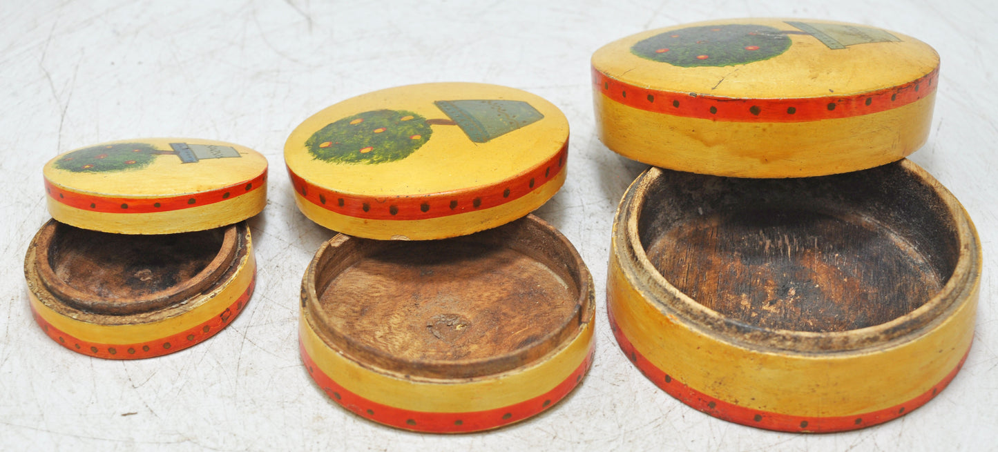 Vintage Wooden Set of 3 Round Boxes Original Old Hand Crafted Painted
