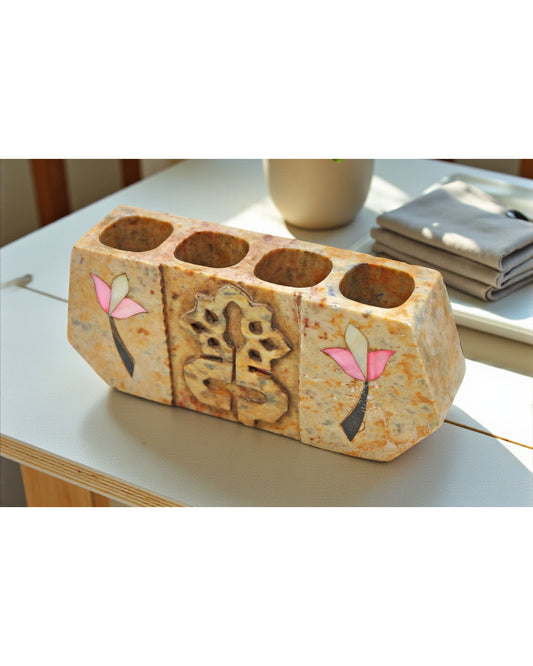 Vintage White Marble Pen Holder Stand Original Old Hand Crafted Inlay Work