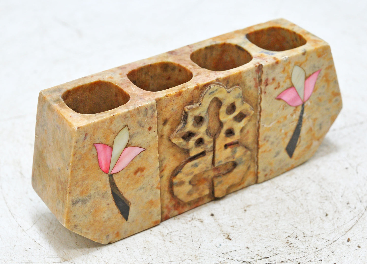 Vintage White Marble Pen Holder Stand Original Old Hand Crafted Inlay Work