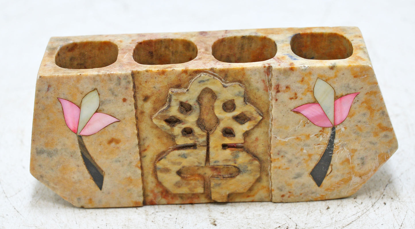 Vintage White Marble Pen Holder Stand Original Old Hand Crafted Inlay Work