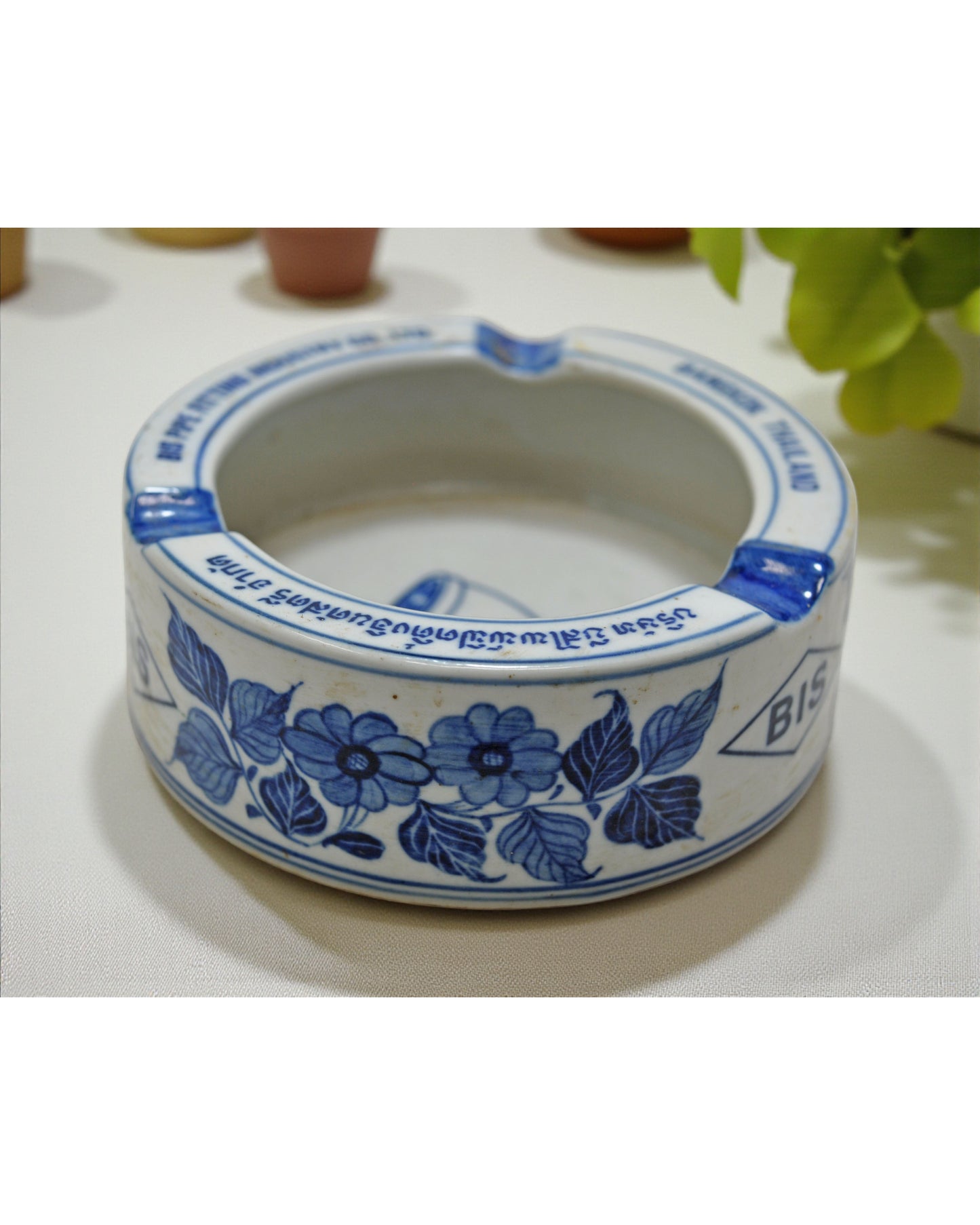 Vintage Blue Pottery Round Ash Tray Original Old Hand Crafted